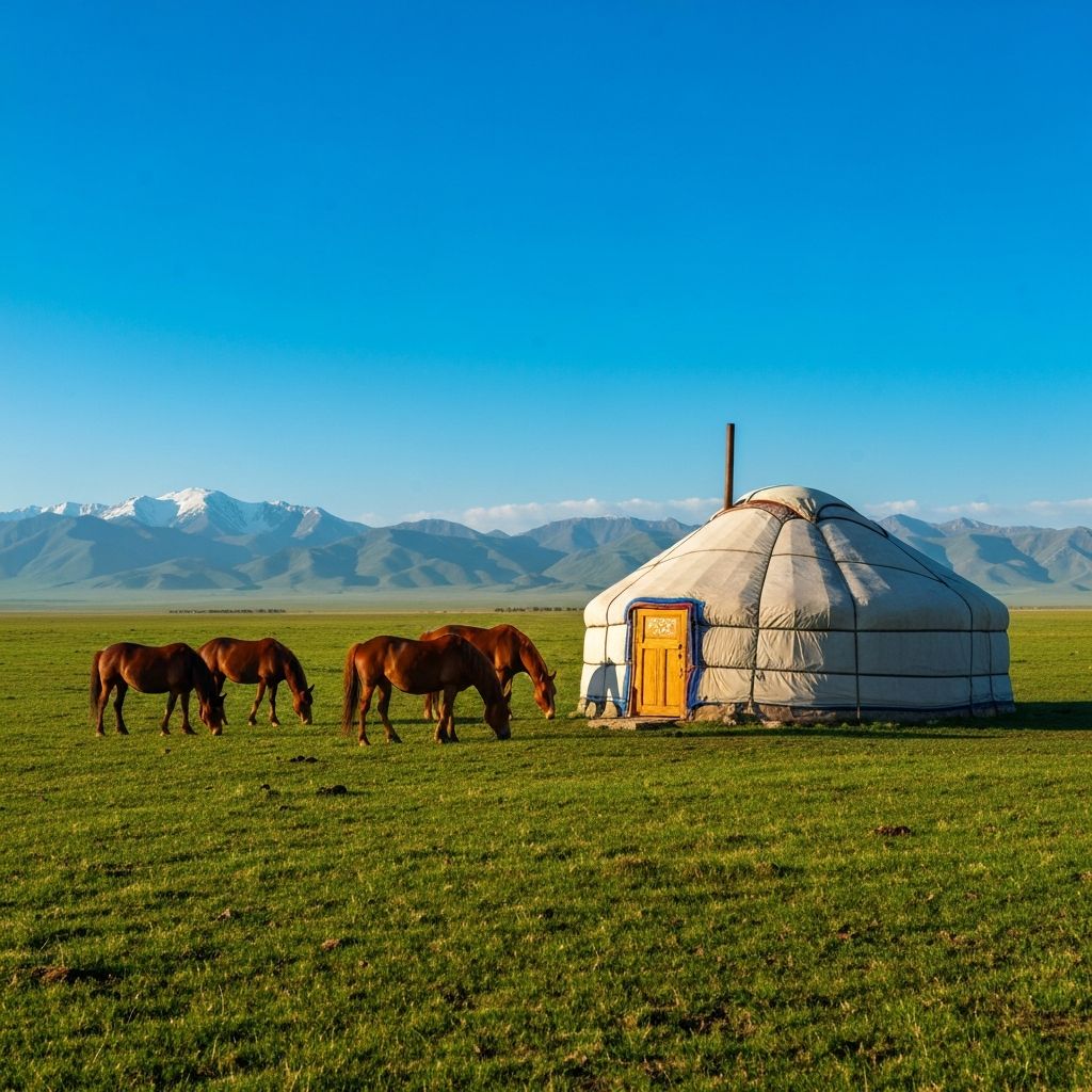 Traditional Kazakh yurt on the steppe